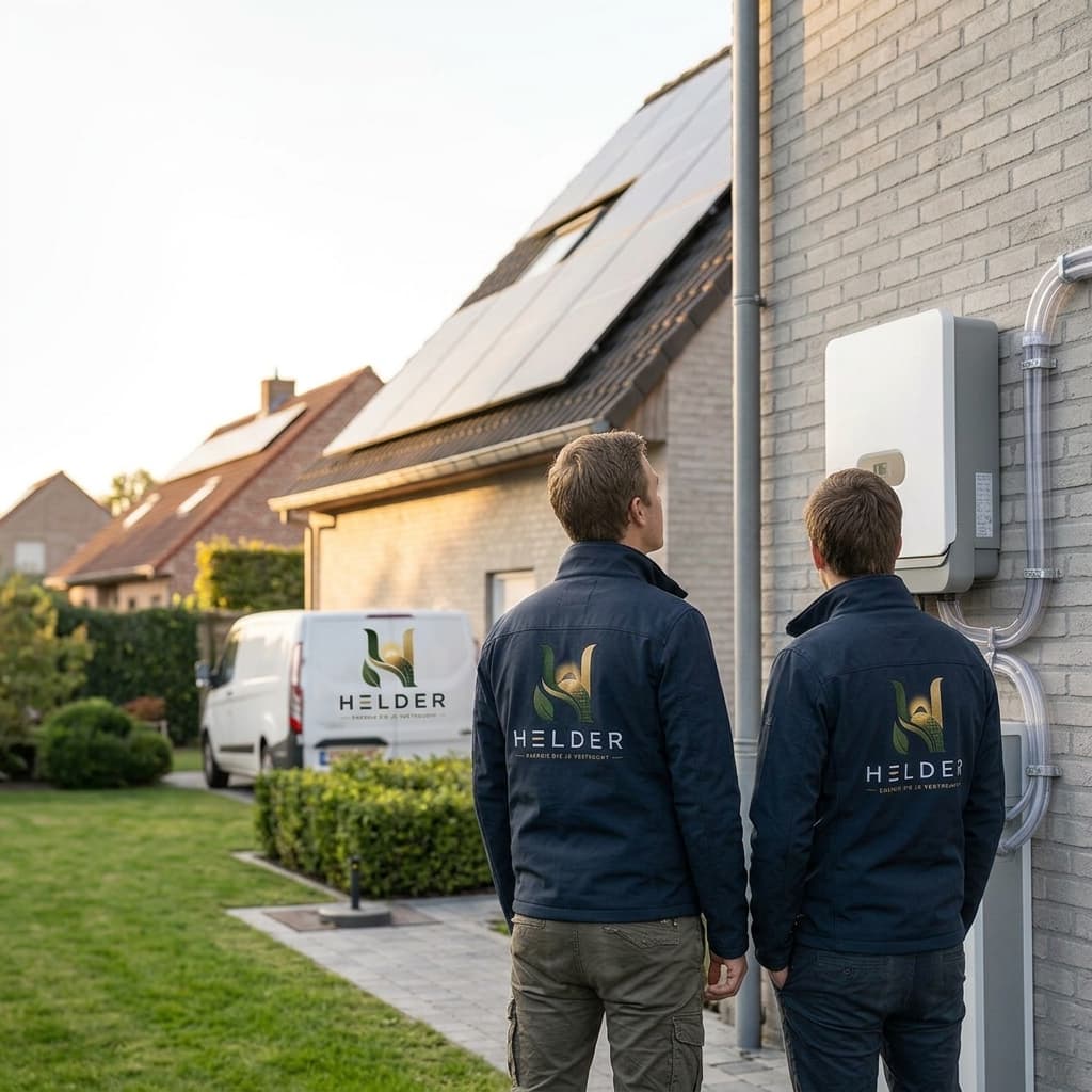 Twee vakmensen van Helder in werkjassen bekijken een woning met zonnepanelen en een omvormer aan de gevel